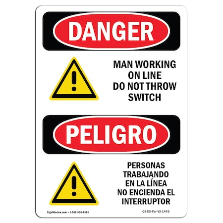 Signmission Safety Sign, OSHA Danger, 18" Height, Aluminum, Man Working Line Not Throw Switch Spanish OS-DS-A-1218-VS-1445